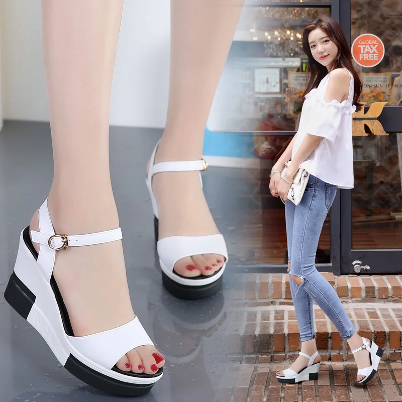 

2019 Summer Waterproof Platform New Style Korean-style High-Heel Slanted Heel Fish Mouth Large Size Sandals Rome 35-40 Code WOME
