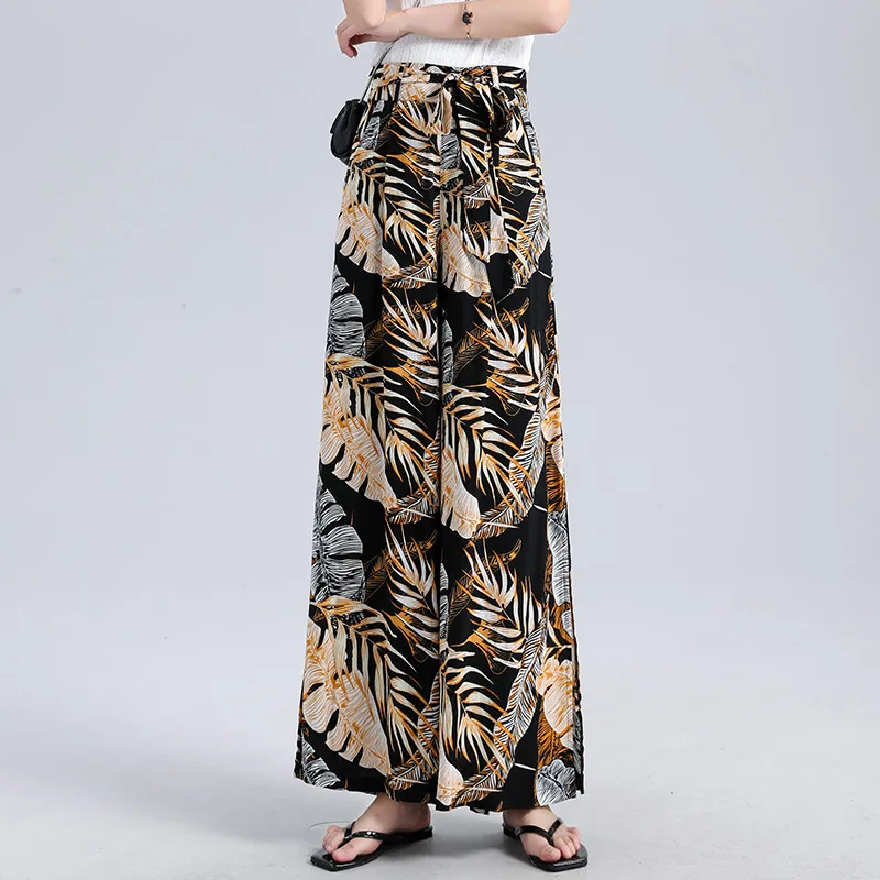 

Summer casual retro printed bohemian wide-leg pants elastic waist straps split open breathable high waist holiday beach pants
