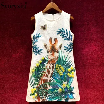 

Svoryxiu luxury Runway Summer Giraffe Print Jacquard Dress Women's Fashion Diamond Beaded Button A-Line Party Dresses Vestdios