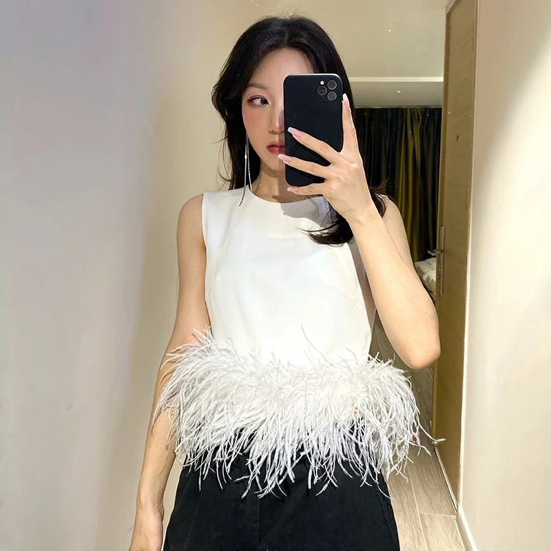 Feather Sleeveless Women Tops | Black Feather Top Fashion