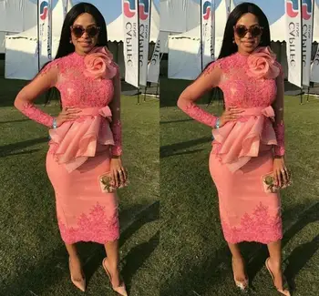 

Long Sleeves 2019 Elegant Cocktail Dresses Sheath High Collar Tea Length Appliques Beaded Homecoming Dresses