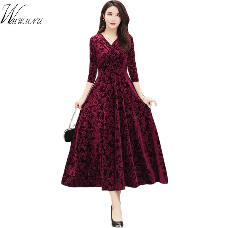 

Sexy V-neck Gold Velvet Dress Women Autumn New Elegant Slim Printed Maxi Vestidos Mom Plus Size Long Sleeve Evening Party Dress