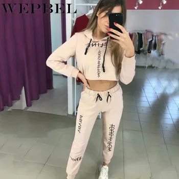 

WEPBEL Loose Casual Cropped Pullover Sweatshirt and Pants Sport Suits Fashion Women Sports Wear Tracksuits