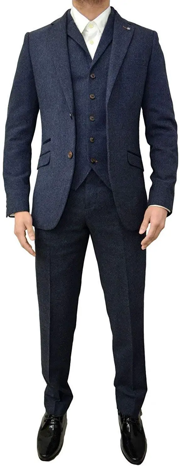 

New Arrival Navy Blue Tweed Men Suit 3Pieces(Jacket+Pants+Vest) For Winter Costume Homme Elegant Formal Wedding Suits For Men