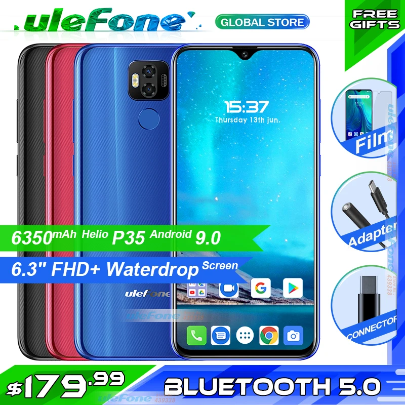

Ulefone Power 6 6350mAh Android 9.0 Helio P35 Octa Core Mobile Phone 4GB RAM 64GB ROM 6.3'' Face ID NFC 4G Support American Band