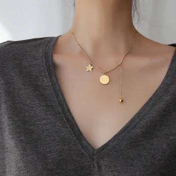

YUN RUO Good Luck Star Round Pendant Necklace Gold Plated Fashion Titanium Stainless Steel Jewelry Woman Accessories Never Fade
