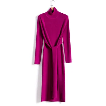 

2019 Time-limited Hot Sale Dress Cashmere Dress Female Waist Ribbon And A High Collar Long Sections Slim Package Hip Knit Woman
