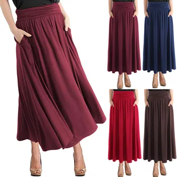 

2019 Solid Long Skirt faldas largas mujer Women Fashion High Waist Soild Vintage Loose Beach Pocket Wrap Maxi Long Skirt saia#C8