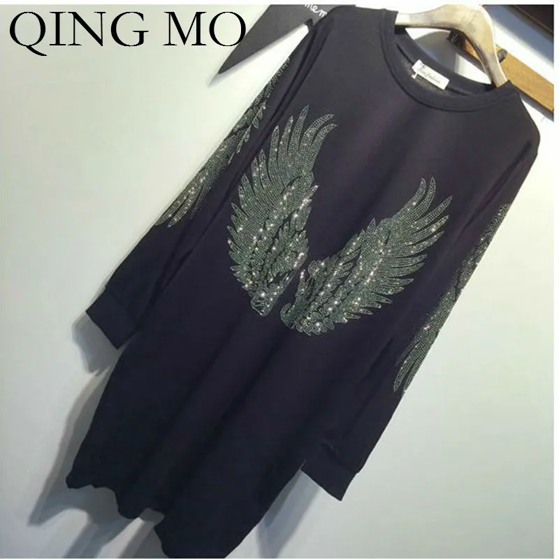 

QING MO Women Wings T Shirt Dress With Rhinestone Black Pullovers Women Dress Full Sleeve Cotton Dress 2019 Autumn ZQY1546