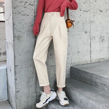 

2020 Spring White Harem Jeans Women High Waist Pleated Denim Pants Korean Black Cargo Pants Streetwear