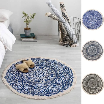 

Round Rugs Carpets 90x90cm For Living Room Vintage Geometric Printed Sofa Carpet Tassel Carpet Mat For Kids Bedroom Decor D30