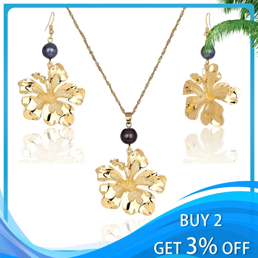 Cring Coco Fashion Hibiscus Flowers Jewelry Sets Female Holiday Zinc Alloy Dangling Drop Earrings Pendant Necklace Set for Women