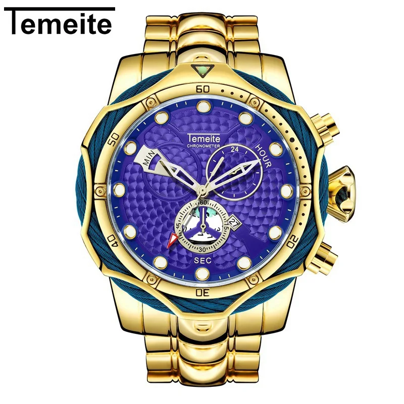 gold blue TEMEITE Брендовые мужские часы с большим циферблатом роскошные мужские наручные кварцевые часы из нержавеющей стали водонепроницаемые мужские часы с украшением - Цвет: gold blue