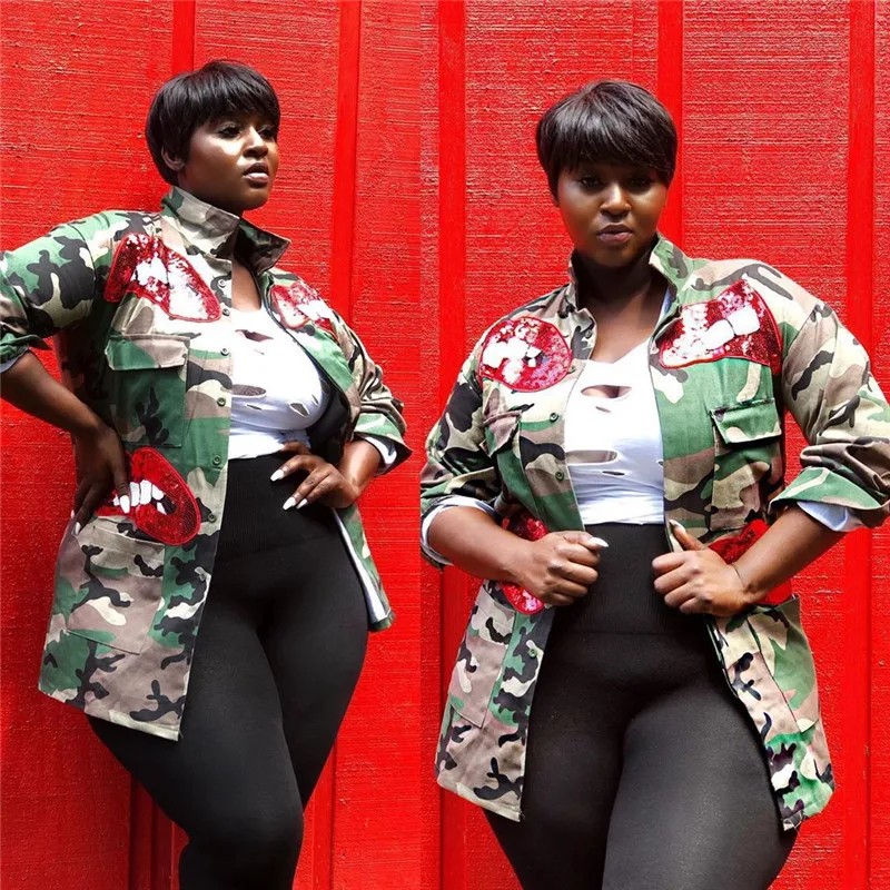 remarkable  Autumn Winter Sequin Lip Camouflage Camo Jacket Coat Women High Neck Button-up Pockets Military Sli