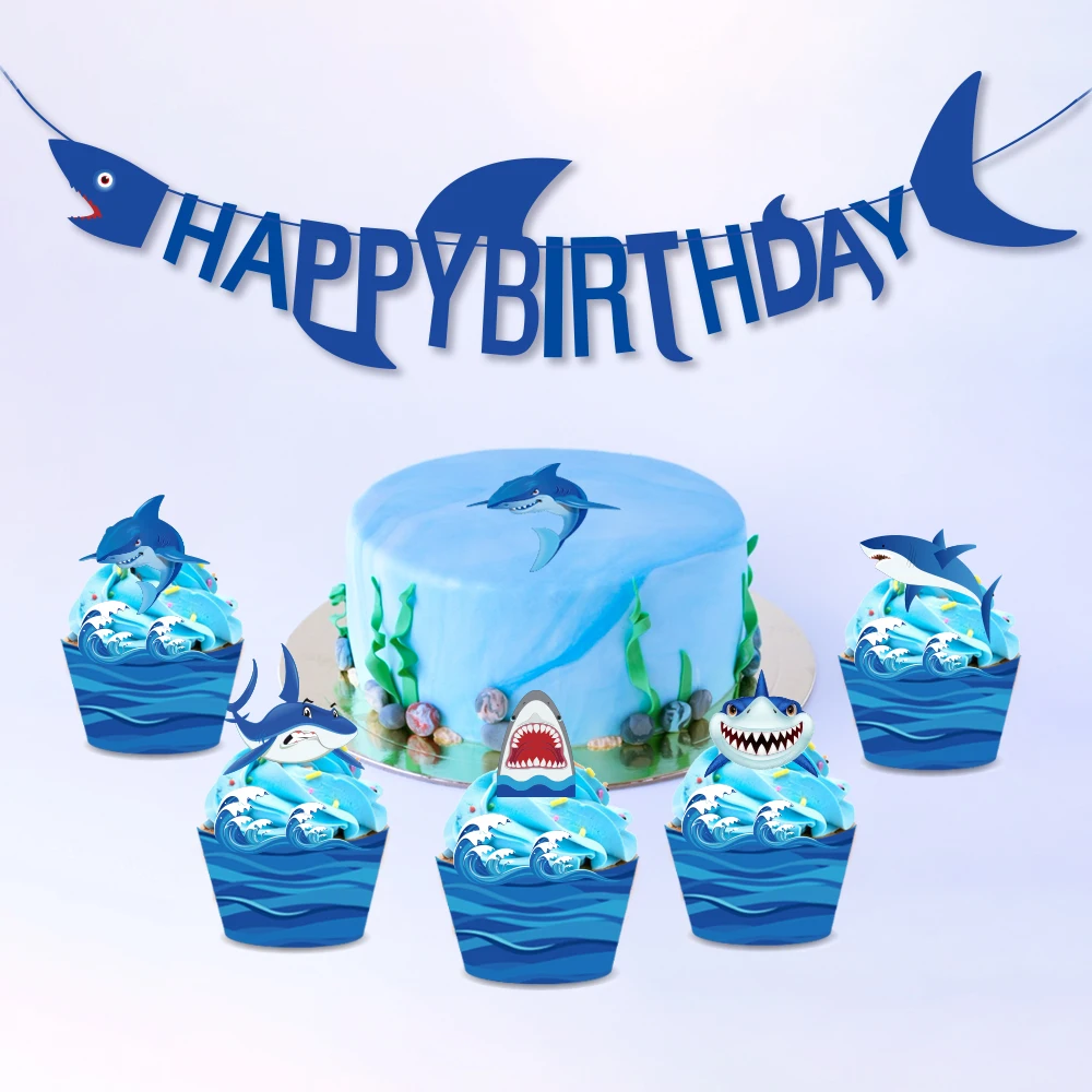 Вечеринка в честь Дня Рождения, сувениры, Deep Sea Blue Shark, Топпер для торта, морская тематика, вечерние декоративные обертки для кекса, украшения