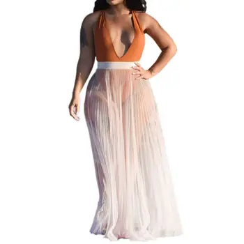 

Womens Summer High Waist Sexy Perspective Pleated Maxi Long Skirt Sheer Mesh Beach Party Solid Color Swimsuit Cover Up Clubwear