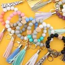 Silicone Keychain For Keys Tassel Wood Beads Bracelet Keyring For Women Multicolor Beads Keychain Fashion Keychain Wholesale