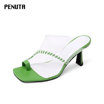 

2020 PENUTA High Heels Transparent pvc Sandals Square Toe Mules Runway Shoes For Women New Designer Flip Flops Slippers T0019