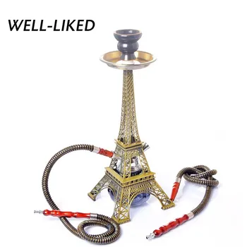 

2020 New Metal Paris Tower Shisha Pipe Glass Base Hookah Set with Double Hoses Ceramic Bowl Charcoal Tongs