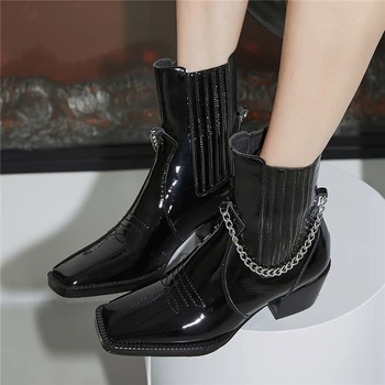 

Square Toe Ankle Boots Metal Chinas Chelsea Boots Chunky Heel Short Booties Casual Cowboy Western Boots Emborider Ladies Shoes