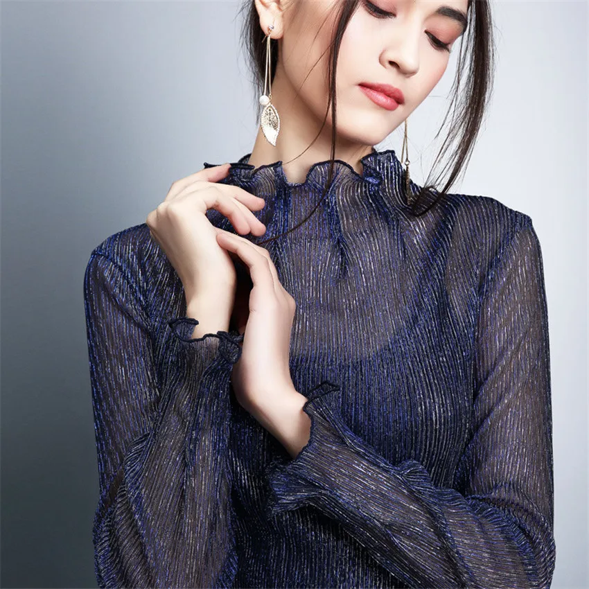 2019 New Fashion Spring Women Lace Blouses Turtleneck Mesh Shirts All-match Ladies Tops Pullovers Brief Autumn Bottomings WZ898 5