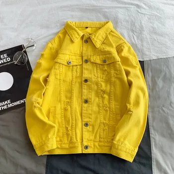 

Jaqueta Masculino Spring New Denim Jacket Men Turn Down Collar Simple Slim Fit Men Jacket Long Sleeve Hole Jeans Jacket Men