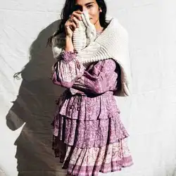 Фиолетовый тутового шелкопряда юбка с цветочным узором; Женская эластичная кулиска на талии веревка многоярусная юбка с оборками Женская