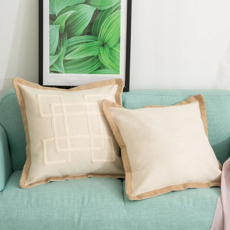 

50x50cm Nordic Simple Linen Geometric Embroidery Solid Color Sofa Woven Home Living Room Hug Pillowcase Car Lumbar Cushion Cover