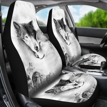 

2PCS 3D Print Wolf Pattern Front Car Seat Covers Universal Full Seats Protector All Season Universal Styling Full Protection