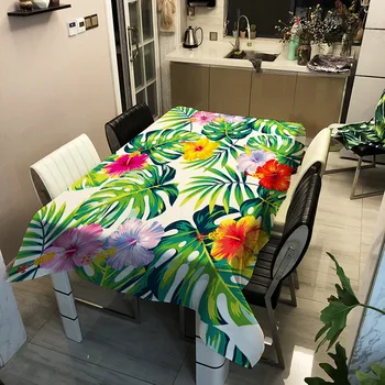 

3D Flowers and Green Leaves Tablecloth Tropical Plants Pattern Water and Oil Proof Thicken Rectangular Table Cloth for Dinner