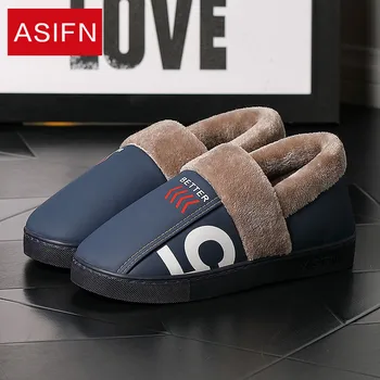 

ASIFN Men's Winter Slippers PU Leather Fur Indoor Waterproof Home Non-slip Thick Bottom Warm Plush Women Chinelo Masculino