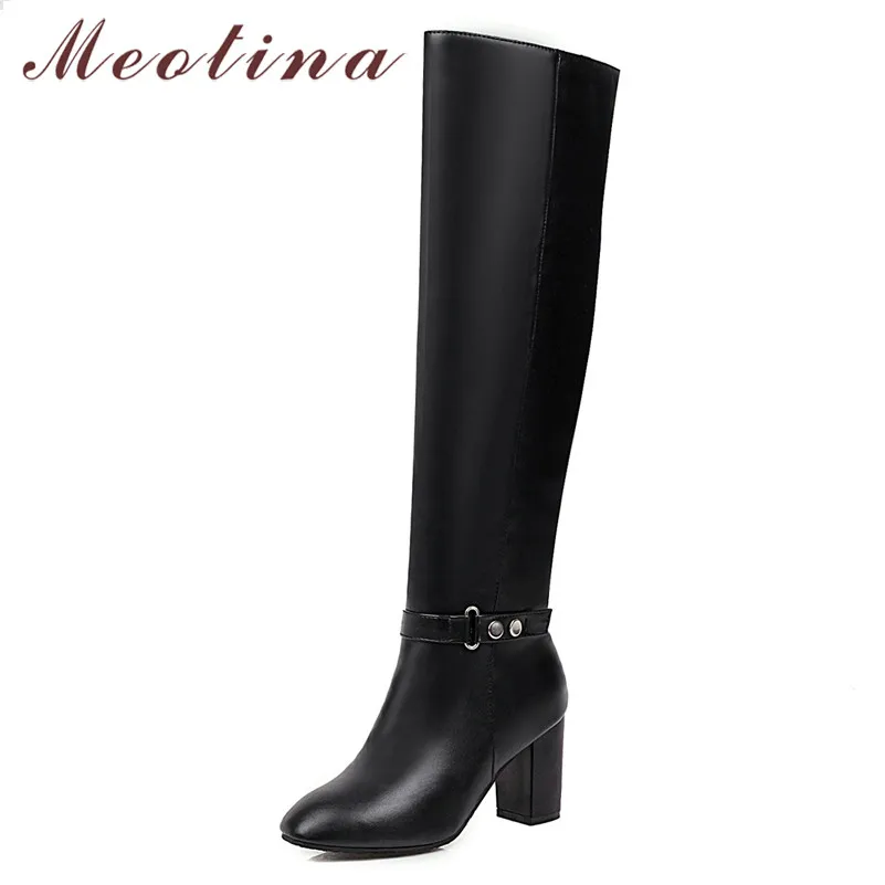

Meotina Winter Over The Knee Boots Women Buckle Thick High Heel Long Boots Zipper Square Toe Shoes Female Autumn Plus Size 33-43