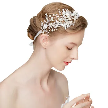 

High Quality Crystal Pearl Hairband Silver Leaves Metal Headpiece Vines Bridal Headband For Women