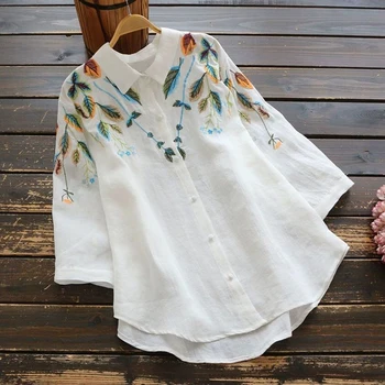 

Plus size Tops For Women White Shirt 100 Cotton Blouse Embroidery High quality 3/4 Sleeve Vintage Ladies Office Casual Button Up