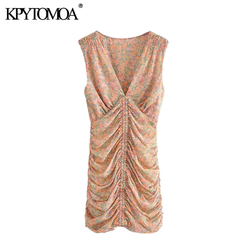 KPYTOMOA Women 2020 Chic Fashion Printed Draped Mini Dress Vintage Sleeveless Side Zipper With Lining Female Dresses Vestidos KPYTOMOA Women 2020 Chic Fashion Printed Draped Mini Dress Vintage Sleeveless Side Zipper With Lining Female Dresses Vestidos