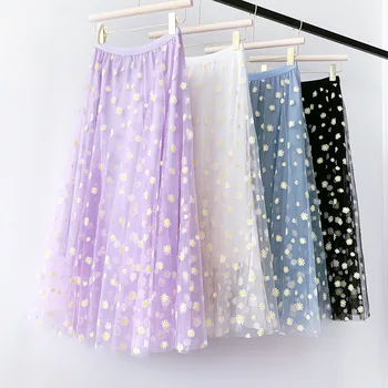 

MosiMolly Trendy Daisy Flower Skirt Bottom Women Mesh Pleated Skirt Party Club Midi Skirt Bottom Female