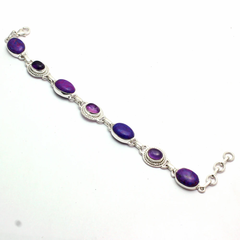 Браслет женский из серебра 925 пробы с натуральной фиолетовой бирюзой и аметистом