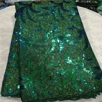 

2019 High Quality African Lace Fabric Green Velvet French Net Embroidery Sequins Tulle Lace Fabric For Nigerian party Dress