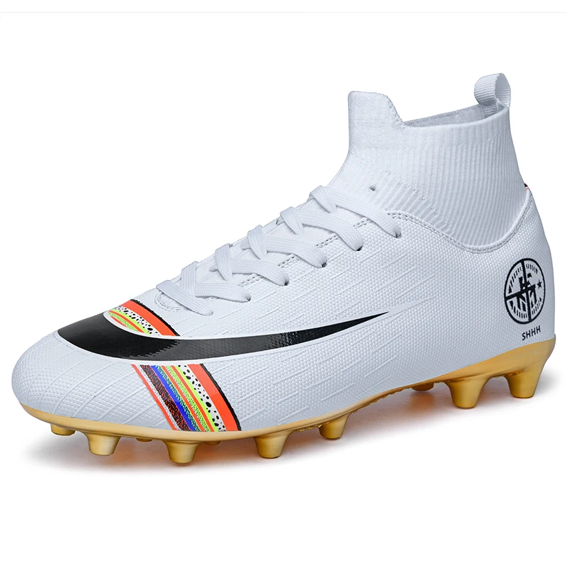 Для мужчин детские футбольные бутсы с зажимом, Футбол ботинки с высоким берцем длинные шипы Для Мужчин's Обувь для футбола тапки открытый газон для мини-футбола носки обувь - Цвет: white