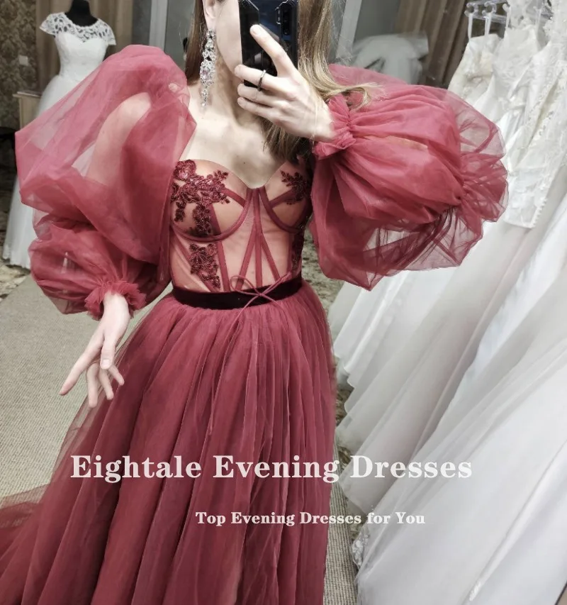 ball gown prom dresses Eightale Burgundy Arabic Prom Dresses 2022 Appliques Long Puffy Sleeves Side Split Tulle Dubai Evening Gown Party Dress prom & dance dresses