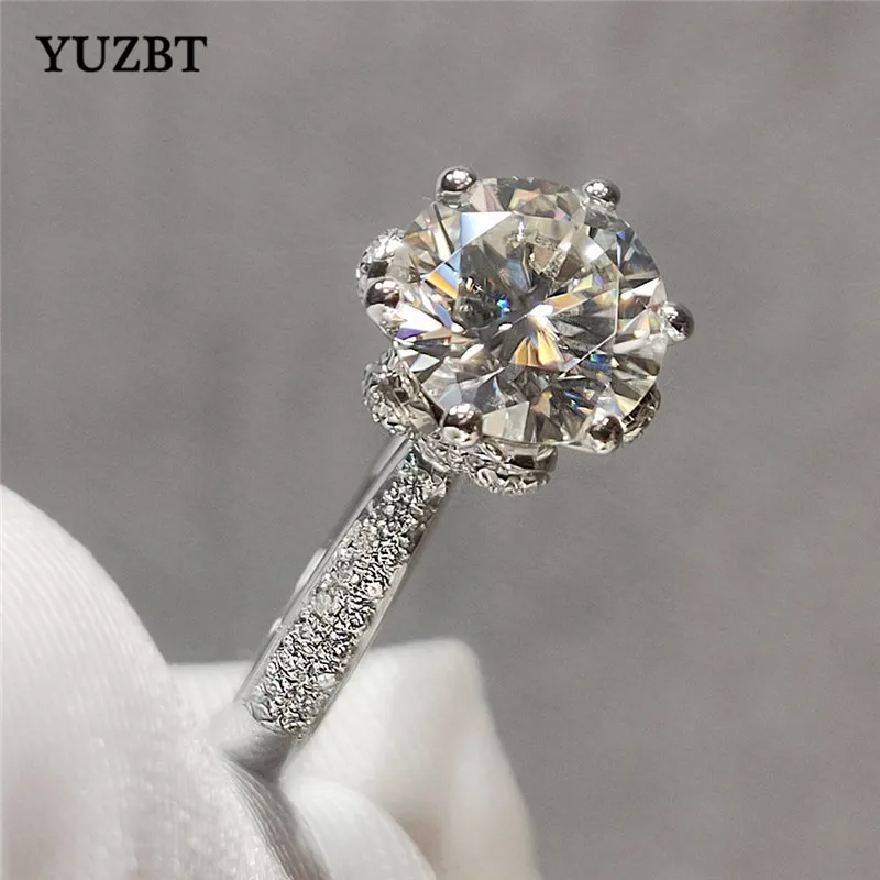 YUZBT Women 925 Silver 2 Carat Gemstone Excellent Cut Diamond Test Past D Color Moissanite Queen Blossom Ring Wedding Jewelry