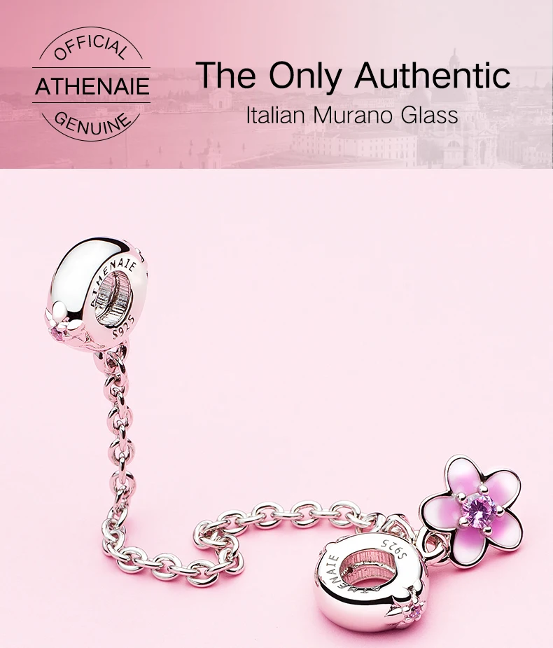 athenaie sterling silver rosa cz esmalte cereja flor corrente de segurança encantos diy beads fit mulheres charm bracelet