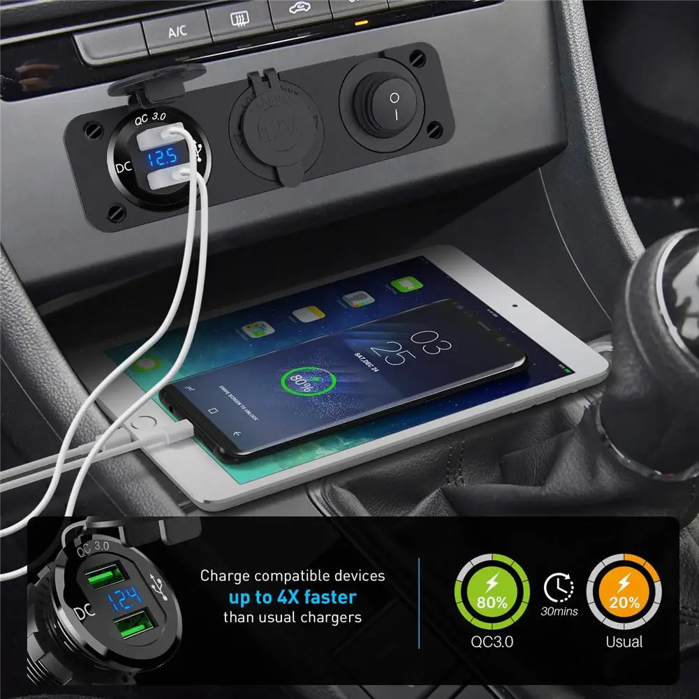 QC3.0 прикуриватель адаптер питания от сети 12 В двойной USB зарядное устройство выход адаптера питания и светодиодный дисплей для автомобиля лодки морской