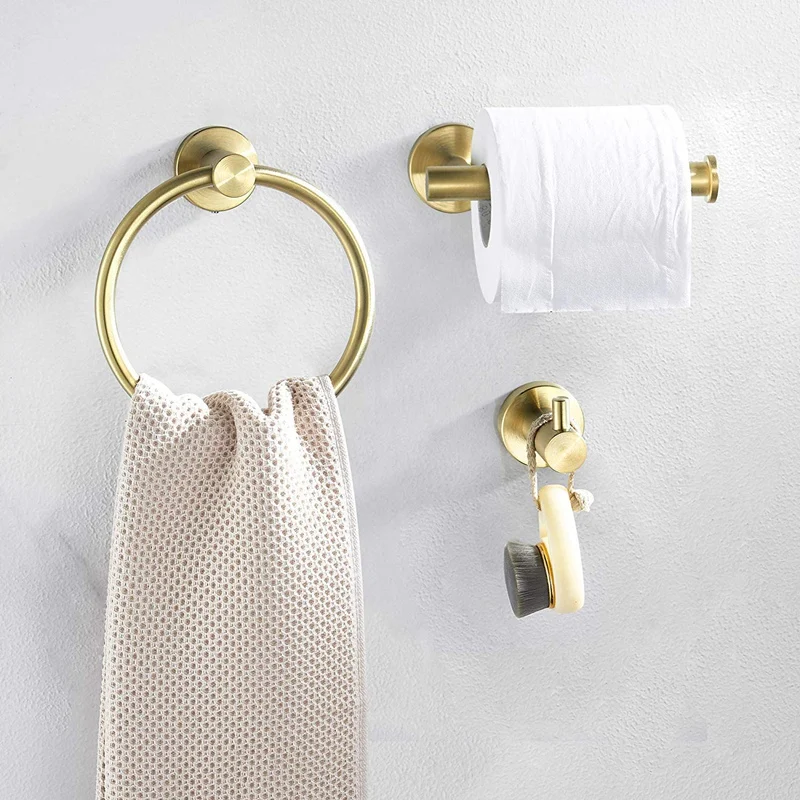 Bathroom Hardware Accessories Set 3-Piece Gold Brushed Bathroom Hardware Sets Modern Towel Ring Robe Hook Hanger Toilet Paper Ho