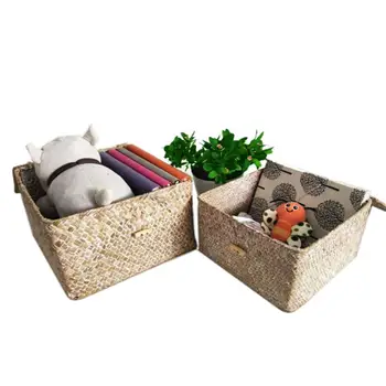 

Seaweed With Button Woven Basket Straw Woven Debris Desktop Storage Box Hand-woven Storage Basket Clothing Basket Organizer