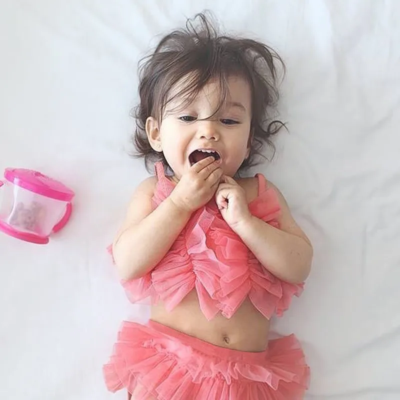 

1-4T Baby Girl Clothes Set for Summer Infant Baby Swimwear Straps Solid Net Yarn Tops Briefs Kid Girls Swimsuit Bikini Set
