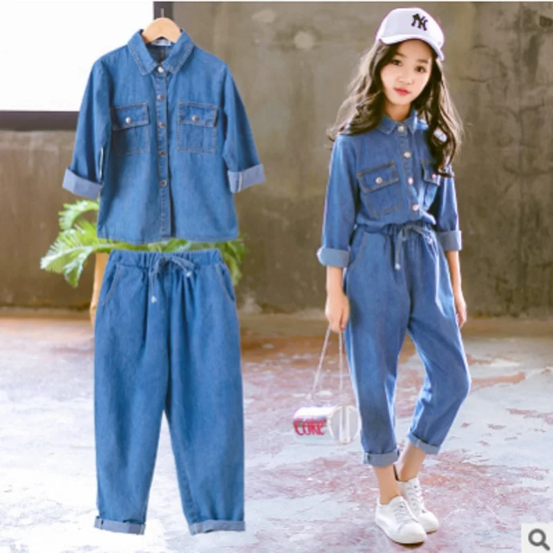 

Children 's Denim Clothing Set New 2019 Spring/Autumn Girls Double pockets Blue Color Size4-14 Kids Clothes Sets 2 piece ly374
