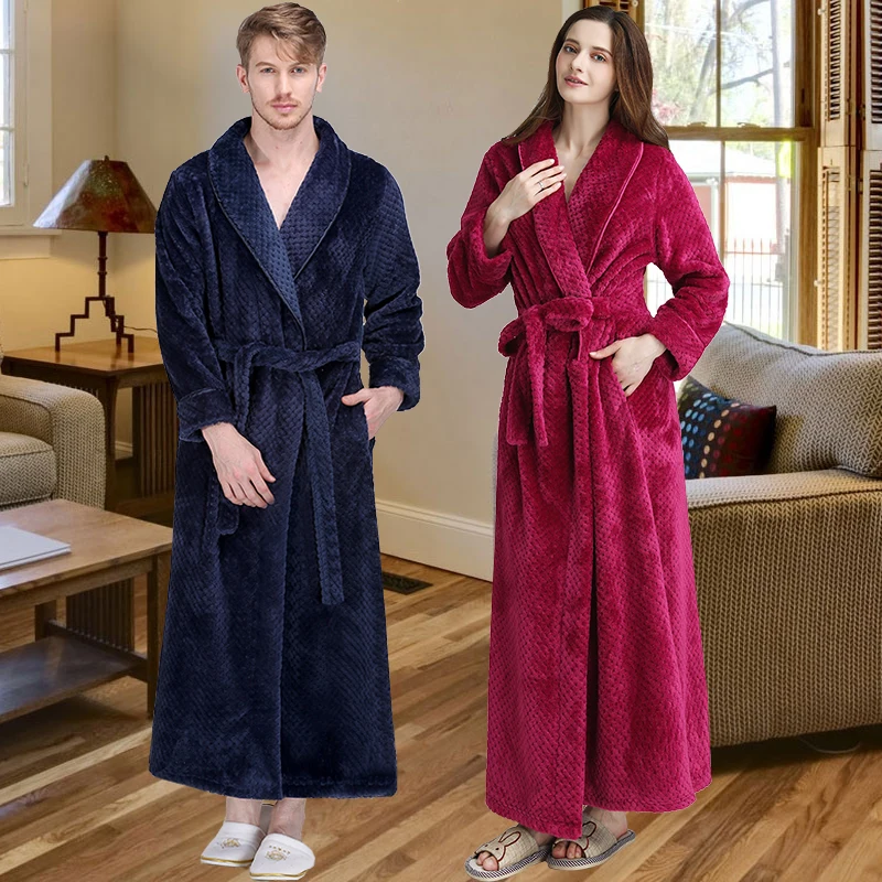 Мужской теплый зимний халат удлиненный фланелевый Халат из плотной сетки, мужское роскошное кимоно, женское банное полотенце на липучке, домашняя Термоодежда