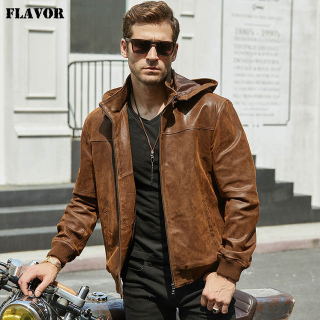 Men’s Winter Jacket Made Of Genuine Pigskin Leather With A Hood, Pigskin Motorcycle Jacket, Natural Leather Jacket