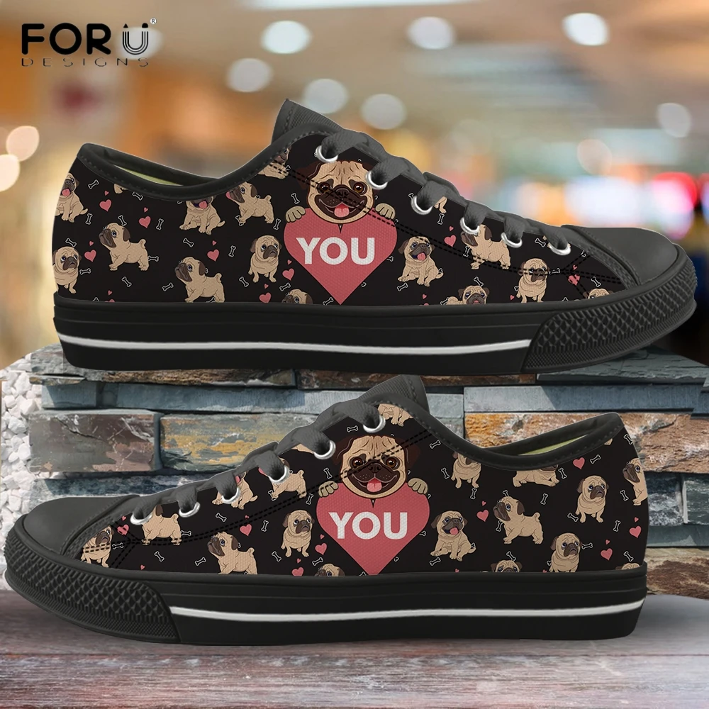 

FORUDESIGNS Cute Pug Dog/Puppy Love Heart Printed Vulcanized Sneakers Casual Low Top Canvas Shoes Brand Design Black Women Shoes